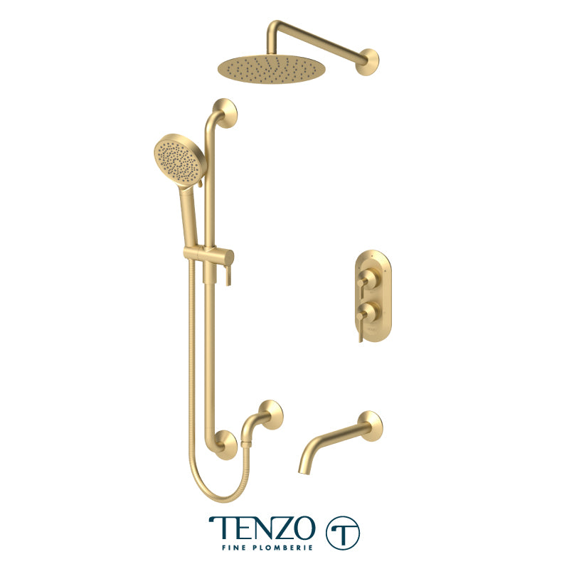 Tenzo Paloma T-Box 3-Function Pressure Balance Shower Kit Trim, 10" Round Rain Head, Wall Arm, Sliding Bar Kit & Tub Spout - F-PALPB33-501115