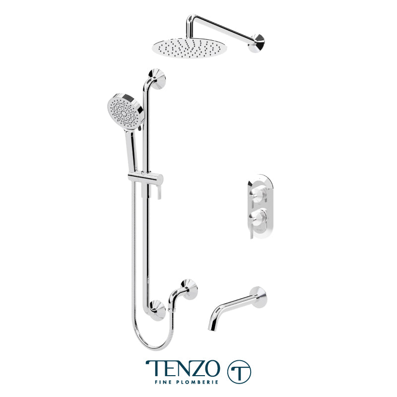 Tenzo Paloma T-Box 3-Function Pressure Balance Shower Kit Trim, 10" Round Rain Head, Wall Arm, Sliding Bar Kit & Tub Spout - F-PALPB33-501115