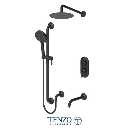 Tenzo Paloma T-Box 3-Function Pressure Balance Shower Kit Trim, 10" Round Rain Head, Wall Arm, Sliding Bar Kit & Tub Spout - F-PALPB33-501115