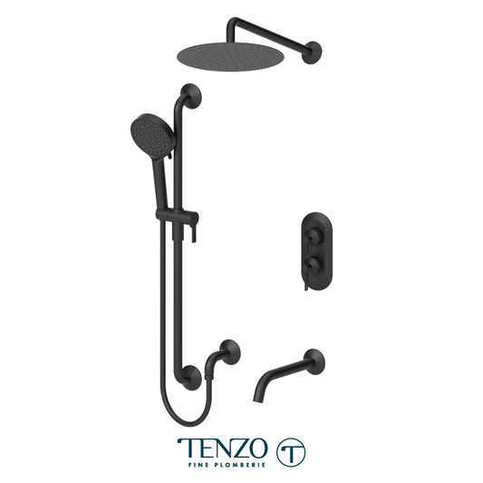 Tenzo Paloma T-Box 3-Function Pressure Balance Shower Kit Trim, 12" AirBoost Rain Head, Wall Arm, Sliding Bar Kit & Tub Spout - F-PALPB33-501125