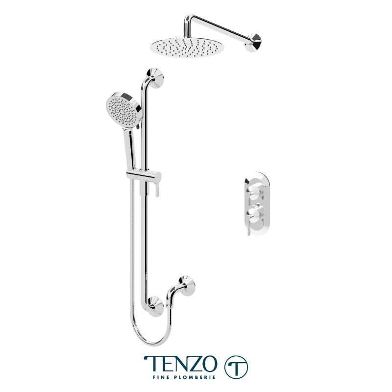 Tenzo Paloma T-Box 2-Function Thermostatic Shower Kit Trim, 10" AirBoost Rain Head, Wall Arm & Sliding Bar Kit - F-PALT32-20111