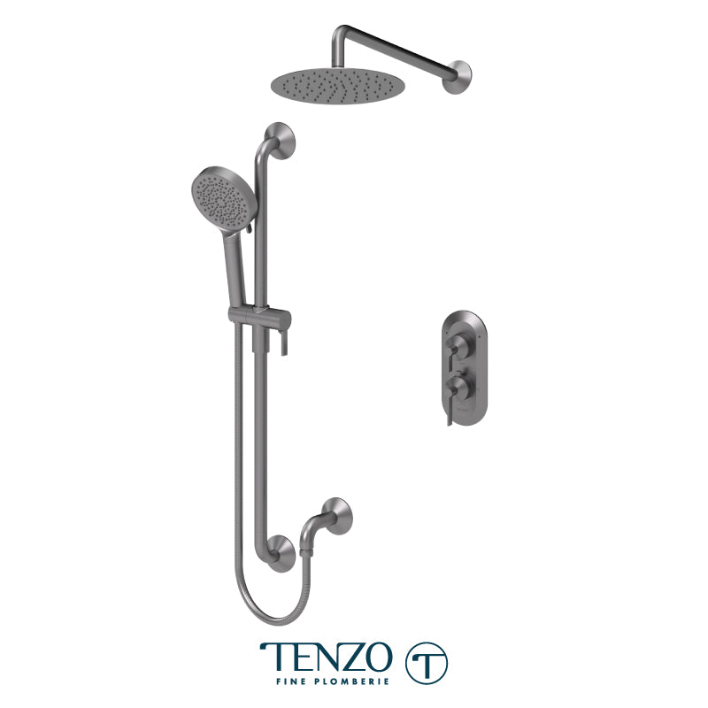 Tenzo Paloma T-Box 2-Function Thermostatic Shower Kit Trim, 10" AirBoost Rain Head, Wall Arm & Sliding Bar Kit - F-PALT32-20111