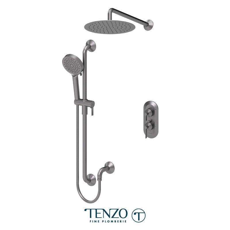 Tenzo Paloma T-Box 2-Function Thermostatic Shower Kit Trim, 12" AirBoost Rain Head, Wall Arm & Sliding Bar Kit - F-PALT32-20112