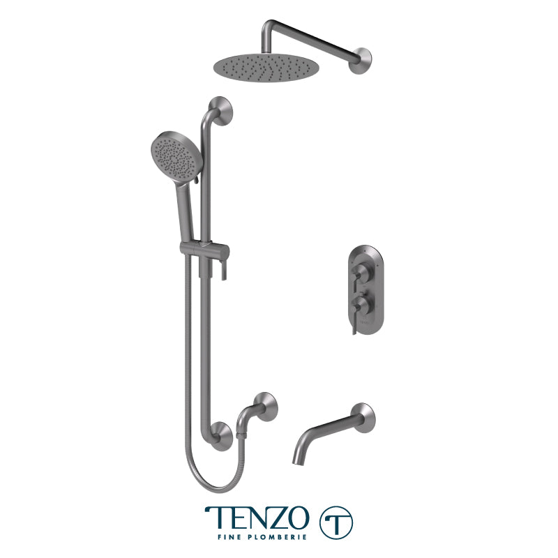 Tenzo Paloma T-Box 3-Function Thermostatic Shower Kit Trim, 10" AirBoost Rain Head, Wall Arm, Sliding Bar Kit & Tub Spout - F-PALT33-501115