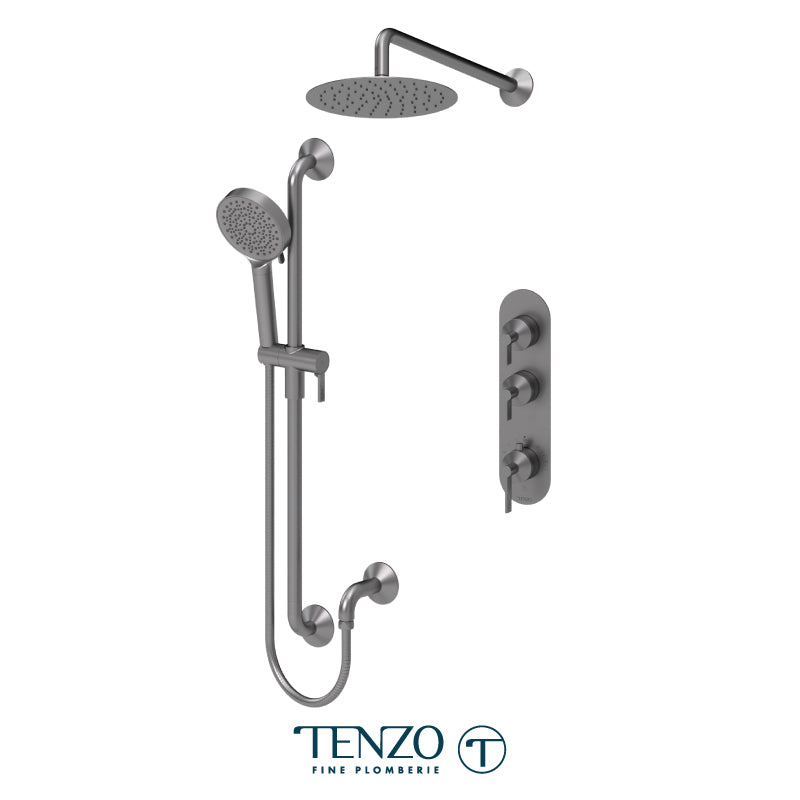 Tenzo Paloma Extenza 2-Function Thermostatic Shower Kit Trim, 10" AirBoost Rain Head, Wall Arm & Sliding Bar Kit - F-PALT42-20111