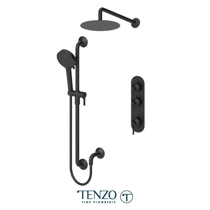 Tenzo Paloma Extenza 2-Function Thermostatic Shower Kit Trim, 10" AirBoost Rain Head, Wall Arm & Sliding Bar Kit - F-PALT42-20111