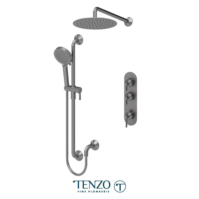 Tenzo Paloma Extenza 2-Function Thermostatic Shower Kit Trim, 12" AirBoost Rain Head, Wall Arm & Sliding Bar Kit - F-PALT42-20112
