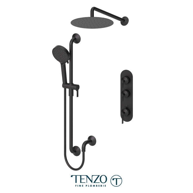 Tenzo Paloma Extenza 2-Function Thermostatic Shower Kit Trim, 12" AirBoost Rain Head, Wall Arm & Sliding Bar Kit - F-PALT42-20112