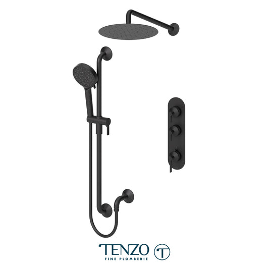 Tenzo Paloma Extenza 2-Function Thermostatic Shower Kit Trim, 12" AirBoost Rain Head, Wall Arm & Sliding Bar Kit - F-PALT42-20112