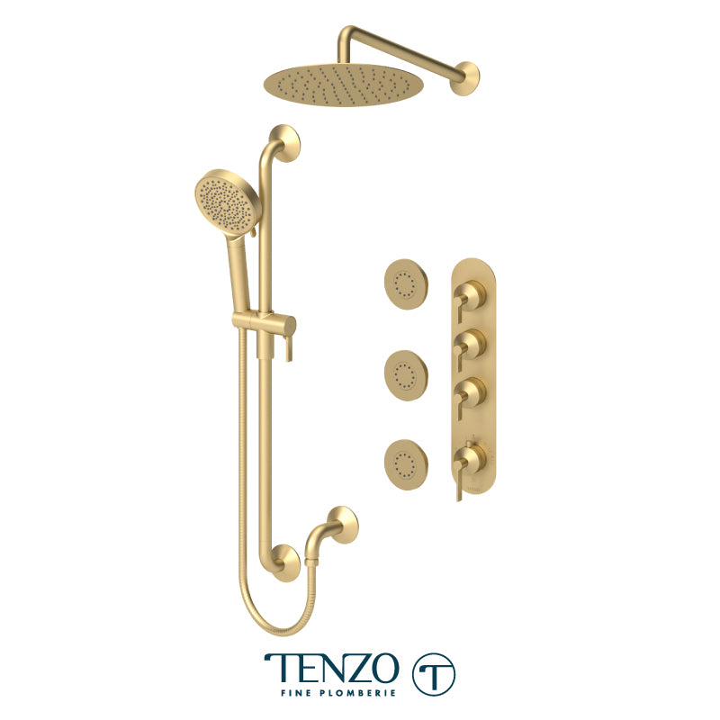 Tenzo Paloma Extenza 3-Function Thermostatic Shower Kit Trim, 12" AirBoost Rain Head, Wall Arm, Sliding Bar Kit & 3 Body Jets - F-PALT43-571112