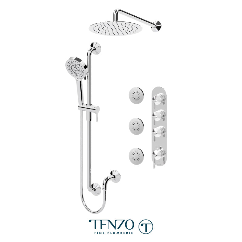 Tenzo Paloma Extenza 3-Function Thermostatic Shower Kit Trim, 12" AirBoost Rain Head, Wall Arm, Sliding Bar Kit & 3 Body Jets - F-PALT43-571112