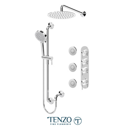 Tenzo Paloma Extenza 3-Function Thermostatic Shower Kit Trim, 12" AirBoost Rain Head, Wall Arm, Sliding Bar Kit & 3 Body Jets - F-PALT43-571112