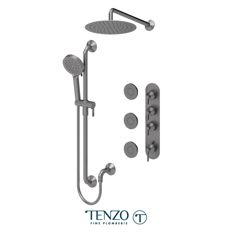 Tenzo Paloma Extenza 3-Function Thermostatic Shower Kit Trim, 12" AirBoost Rain Head, Wall Arm, Sliding Bar Kit & 3 Body Jets - F-PALT43-571112