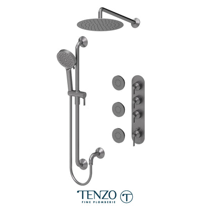 Tenzo Paloma Extenza 3-Function Thermostatic Shower Kit Trim, 12" AirBoost Rain Head, Wall Arm, Sliding Bar Kit & 3 Body Jets - F-PALT43-571112