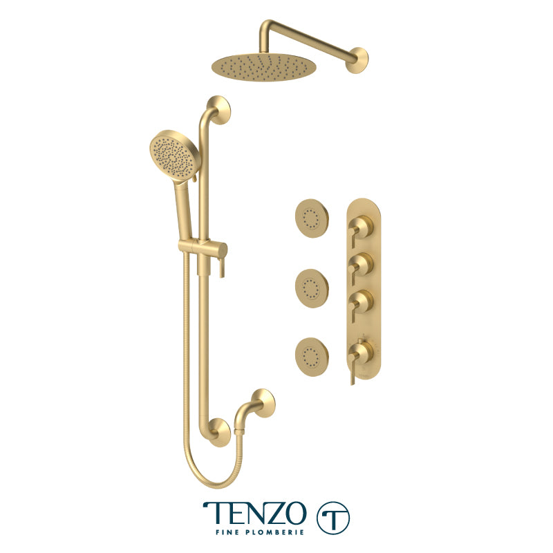 Tenzo Paloma Extenza 3-Function Thermostatic Shower Kit Trim, 10" AirBoost Rain Head, Wall Arm, Sliding Bar Kit & 3 Body Jets - F-PALT43-571168