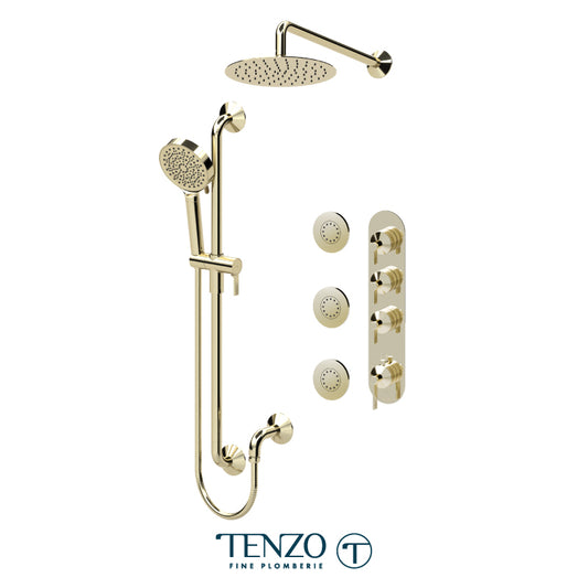 Tenzo Paloma Extenza 3-Function Thermostatic Shower Kit Trim, 10" AirBoost Rain Head, Wall Arm, Sliding Bar Kit & 3 Body Jets - F-PALT43-571168