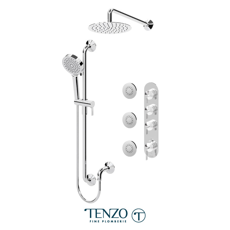 Tenzo Paloma Extenza 3-Function Thermostatic Shower Kit Trim, 10" AirBoost Rain Head, Wall Arm, Sliding Bar Kit & 3 Body Jets - F-PALT43-571168
