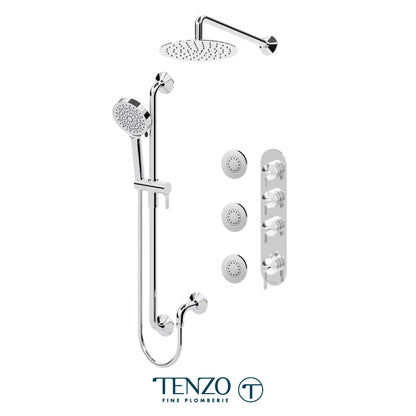 Tenzo Paloma Extenza 3-Function Thermostatic Shower Kit Trim, 10" AirBoost Rain Head, Wall Arm, Sliding Bar Kit & 3 Body Jets - F-PALT43-571168