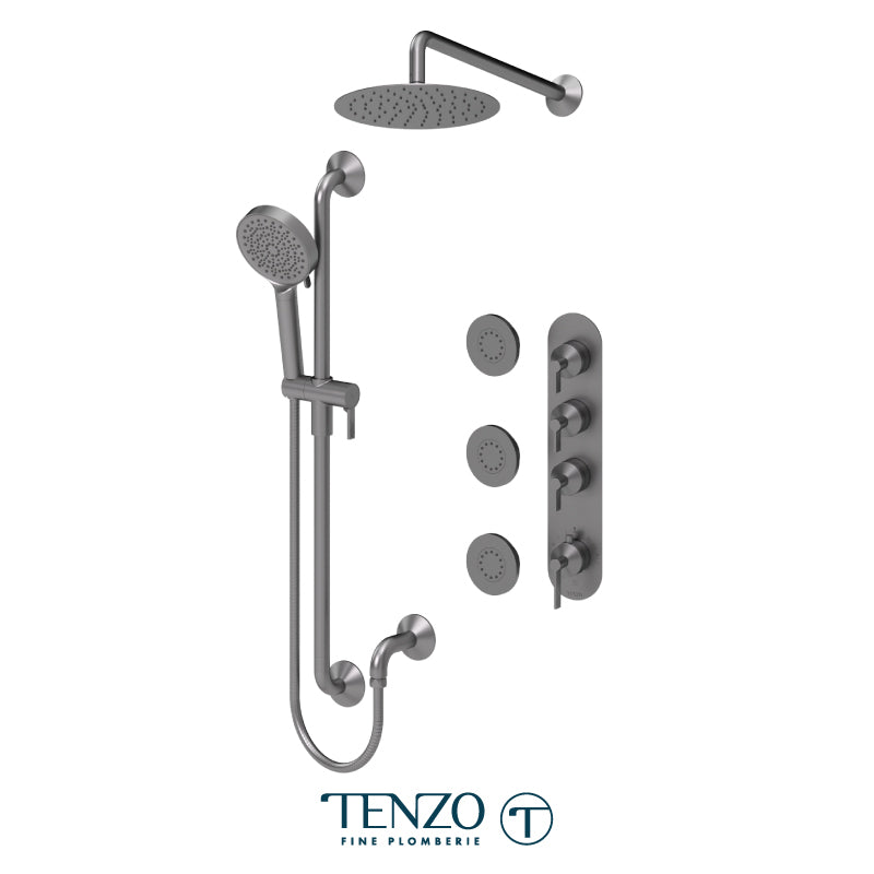 Tenzo Paloma Extenza 3-Function Thermostatic Shower Kit Trim, 10" AirBoost Rain Head, Wall Arm, Sliding Bar Kit & 3 Body Jets - F-PALT43-571168