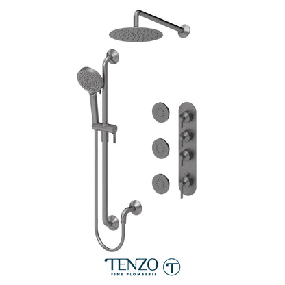 Tenzo Paloma Extenza 3-Function Thermostatic Shower Kit Trim, 10" AirBoost Rain Head, Wall Arm, Sliding Bar Kit & 3 Body Jets - F-PALT43-571168