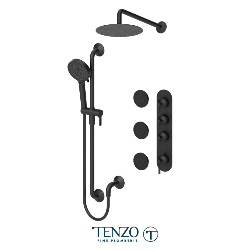 Tenzo Paloma Extenza 3-Function Thermostatic Shower Kit Trim, 10" AirBoost Rain Head, Wall Arm, Sliding Bar Kit & 3 Body Jets - F-PALT43-571168