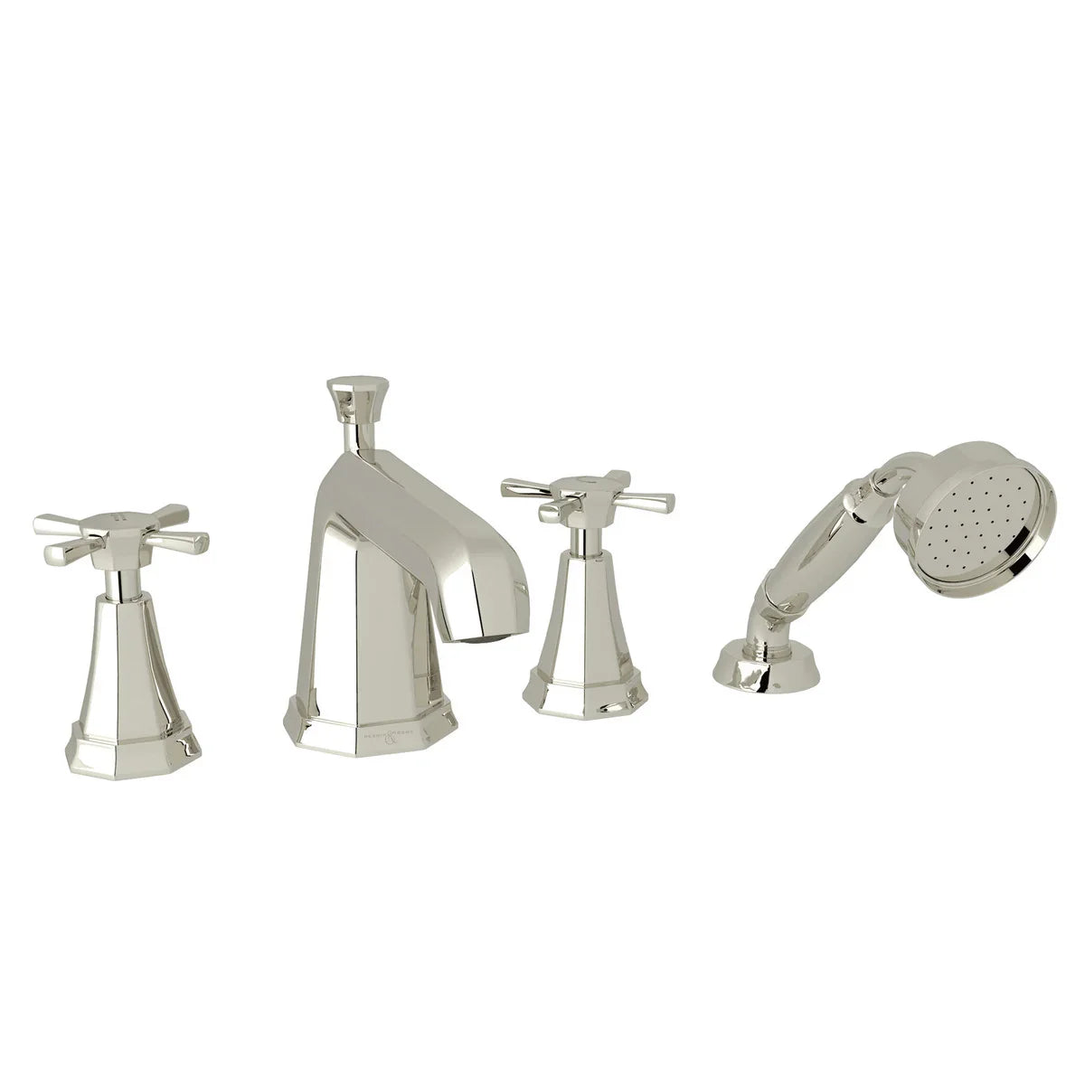 Perrin & Rowe Deco™ 4-Hole Deck Mount Tub Filler Polished Nickel  available at Eunoia Home 