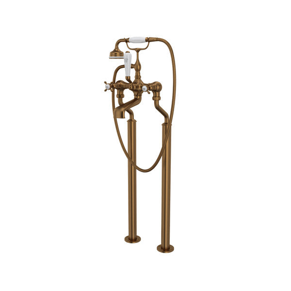 Perrin & Rowe Exposed Floor Mount Tub Filler With Handshower, Cross Handles
