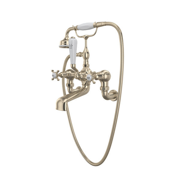 Perrin & Rowe Edwardian Exposed Wall Mount Tub Filler With Handshower, Cross Handle