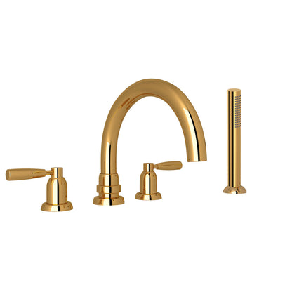 Perrin & Rowe Holborn 4-Hole Deck Mount Tubular C-Spout Bathtub Filler With Handshower, Lever Handle
