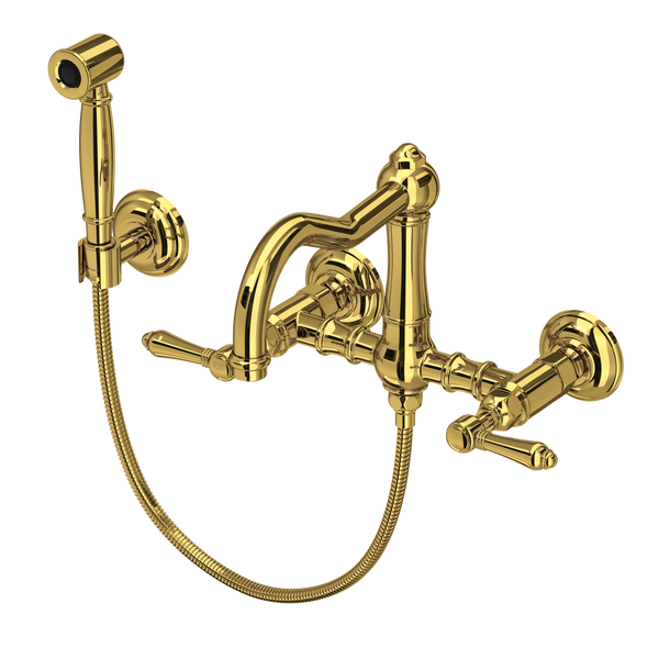 Rohl Acqui Wall Mount Bridge Kitchen Faucet With Sidespray & Column Spout Lever Handles