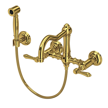 Rohl Acqui Wall Mount Bridge Kitchen Faucet With Sidespray & Column Spout Lever Handles