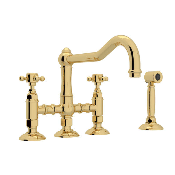 Rohl Acqui Bridge Kitchen Faucet With Side Spray With Porcelain Cross Handles