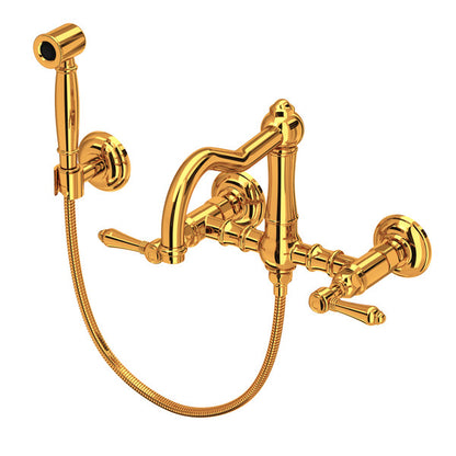 Rohl Acqui Wall Mount Bridge Kitchen Faucet With Sidespray & Column Spout Lever Handles