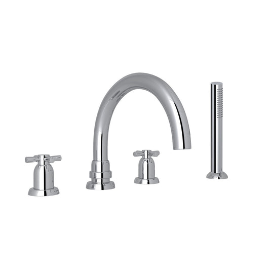 Perrin & Rowe Holborn 4-Hole Deck Mount Tubular C-Spout Bathtub Filler With Handshower, Cross Handle