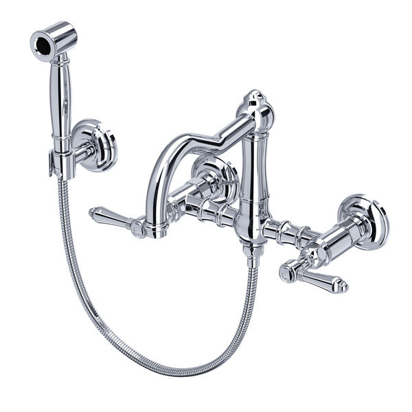 Rohl Acqui Wall Mount Bridge Kitchen Faucet With Sidespray & Column Spout Lever Handles