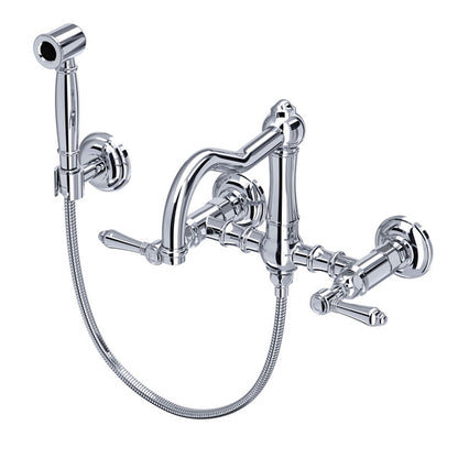 Rohl Acqui Wall Mount Bridge Kitchen Faucet With Sidespray & Column Spout Lever Handles