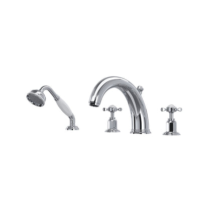 Perrin & Rowe Edwardian 4-Hole Deck Mount Tub Filler With Handshower, Cross Handle