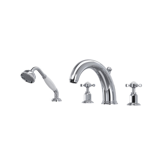 Perrin & Rowe Edwardian 4-Hole Deck Mount Tub Filler With Handshower, Cross Handle