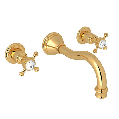 Perrin & Rowe Georgian Era Wall Mount Widespread Bathroom Faucet, Cross Handles with Porcelain Caps