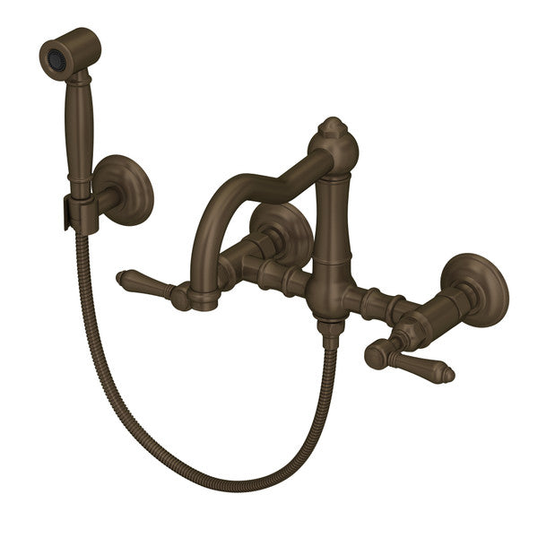 Rohl Acqui Wall Mount Bridge Kitchen Faucet With Sidespray & Column Spout Lever Handles