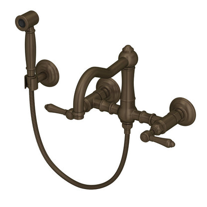Rohl Acqui Wall Mount Bridge Kitchen Faucet With Sidespray & Column Spout Lever Handles