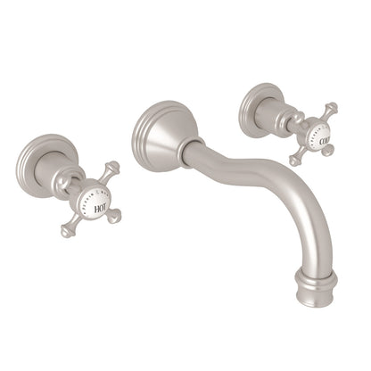 Perrin & Rowe Georgian Era Wall Mount Widespread Bathroom Faucet, Cross Handles with Porcelain Caps