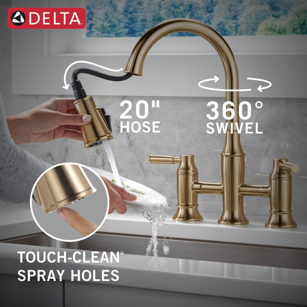 Delta Renaldi Two Handle Pull-Down Bridge Kitchen Faucet - 2384L