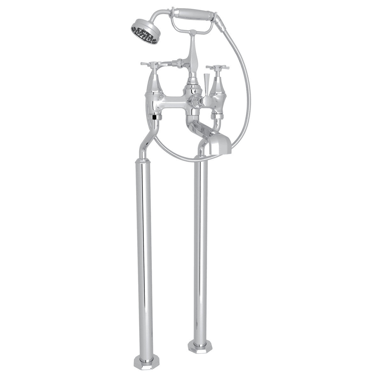 Perrin & Rowe Deco Exposed Floor Mount Tub Filler With Handshower, Cross Handle 19 GPM