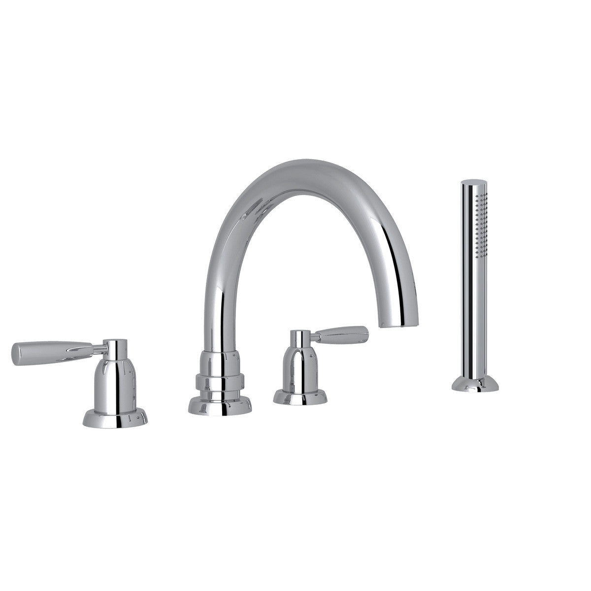 Perrin & Rowe Holborn 4-Hole Deck Mount Tubular C-Spout Bathtub Filler With Handshower, Lever Handle