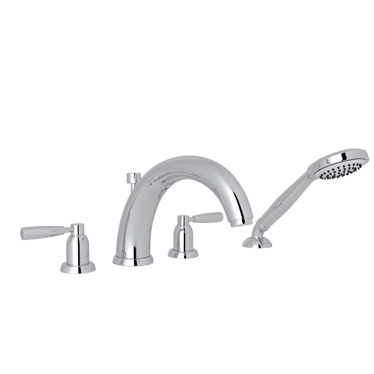 Perrin & Rowe Holborn 4-Hole Deck Mount Tubular C-Spout Bathtub Filler With Handshower, Lever Handle