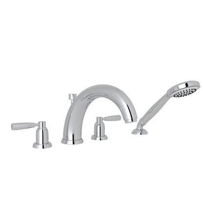 Perrin & Rowe Holborn 4-Hole Deck Mount Tubular C-Spout Bathtub Filler With Handshower, Lever Handle