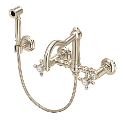 Rohl Acqui Wall Mount Bridge Kitchen Faucet With Sidespray & Column Spout Cross Handles