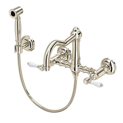Rohl Acqui Wall Mount Bridge Kitchen Faucet With Sidespray & Column Spout Porcelain Lever Handles