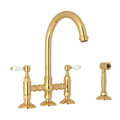 Robinet de cuisine Rohl Acqui Bridge avec douchette latérale et poignées à levier en porcelaine - A1461LPWS-2